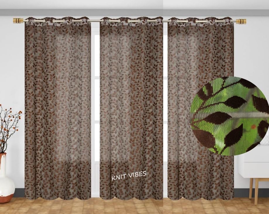 Image of Leaves Design Semi Transparent Window Curtain 5 feet Long Set of 3 pcs Drawing Room Parde | Pooja Room Curtain Panel | Sheer Curtain, Coffee Color
