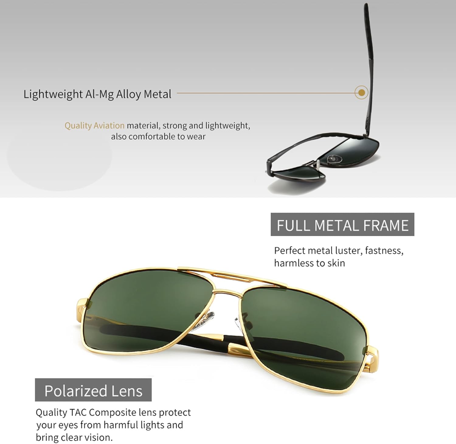 SUNGAIT Men's Polarized Square Aviator Sunglasses Durable Metal Frame for Fishing Driving Golf 100% UV Protection - Image 4