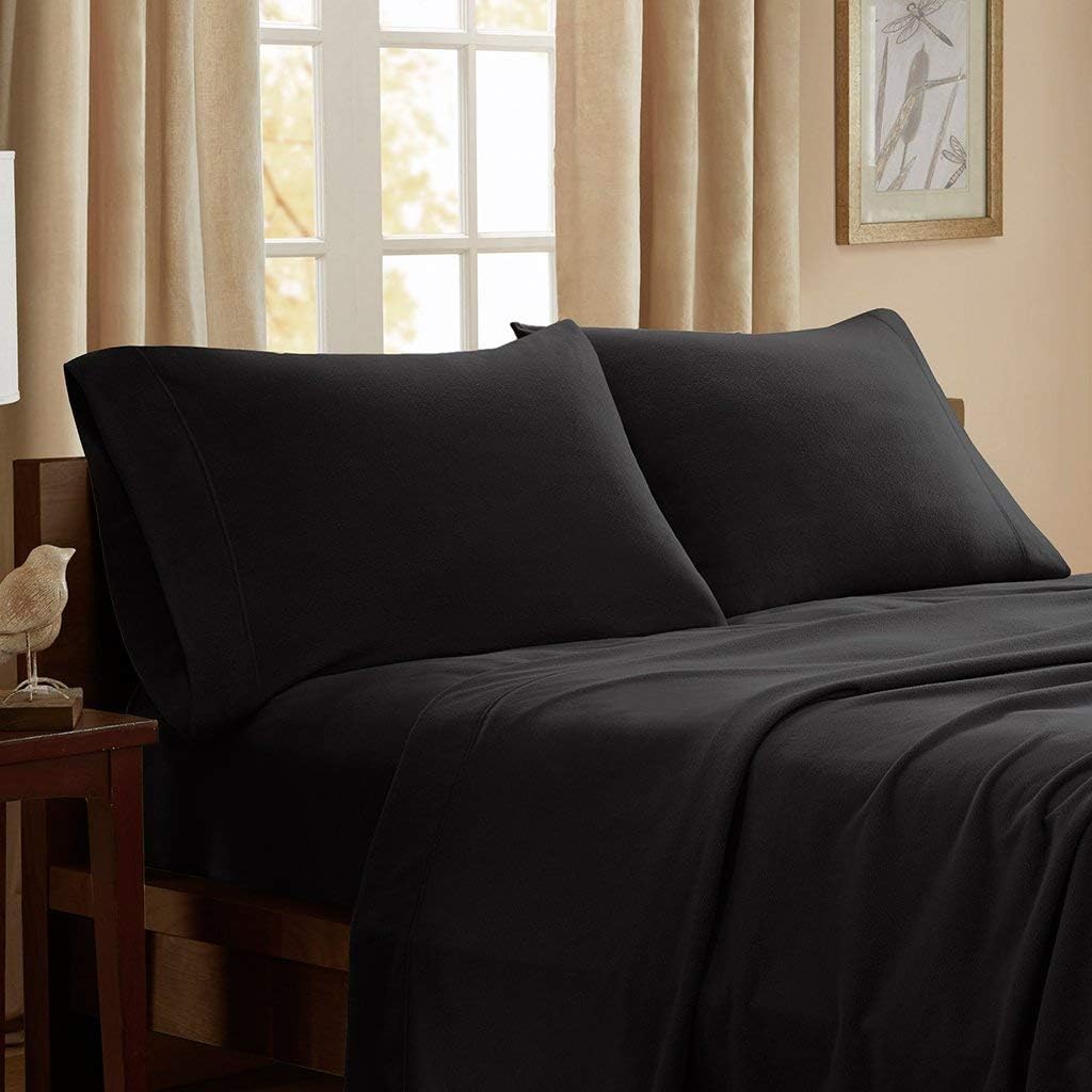 Peak Performance 3M Scotchgard Micro Fleece Wrinkle and Stain Resistant, Soft Plush Sheets with 14" Deep Pocket Cold Season Cozy Bedding-Set, Matching Pillow Case, Queen, Black (SHET20-733)