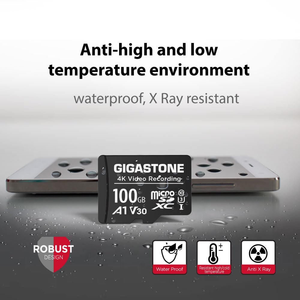 GIGASTONE Tarjeta Micro SD 100GB, A1 V30, Grabación de Video 4K, Compatible con Cámara de Seguridad, Dash CAM y Dron, MicroSDXC UHS-I hasta 100MB/s, con Adaptador