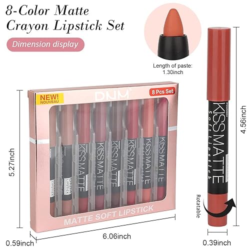 Miniatura 6 de evpct Juego de 8 lápices labiales mate color rojo rubí oscuro, ciruela, morado, vino, beige, marrón, amarillo, mate, lápiz labial y lápiz labial
