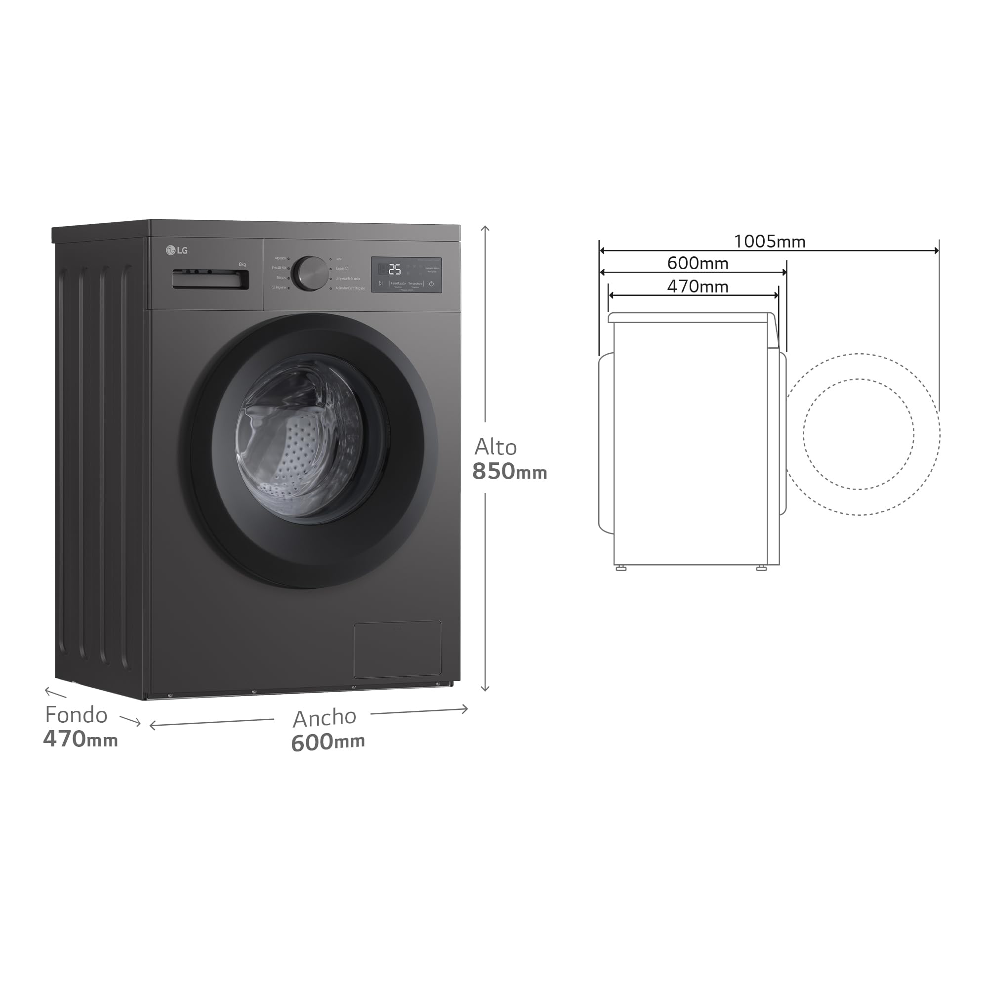 LG F4A10S8NDK.ADSQCES - Lavadora, 8 kg, 1400 rpm, Carga Frontal, 8 Programas, Programa Rápido y Programa Lavado a Mano, Fondo Especial Reducido, Display LED, Serie 100, Grafito Silver
