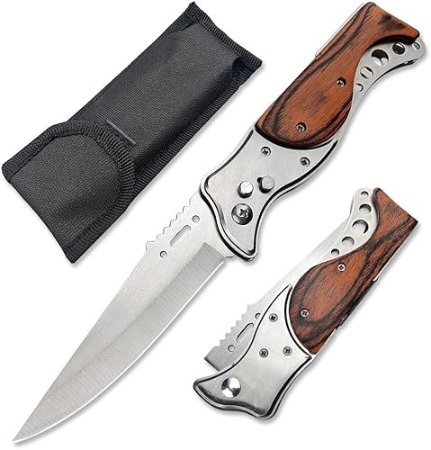 Cuchillos plegables de apertura asistida de 9.5 pulgadas con linterna, mango de madera, cuchillo de bolsillo seguro de velocidad, táctico al aire