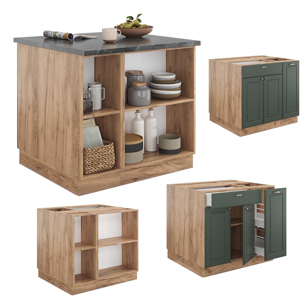 Vicco Kücheninsel Fame-Line, Grün-Gold Landhaus/Goldkraft Eiche, 90 cm mit Schublade, ohne Arbeitsplatte, kombinierbar mit weiteren Modulen der Fame-Line Serie