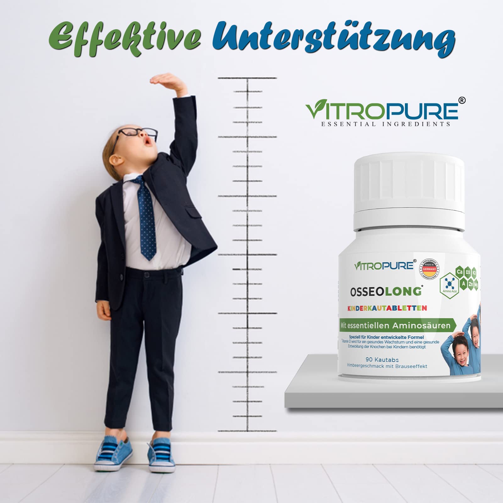 Comprimés à croquer OsseoLong® : Combinaison unique : Acides Aminés à Chaîne Ramifiée (BCAA), Calcium, Vitamine D3, Zinc et Magnésium pour le développement osseux.