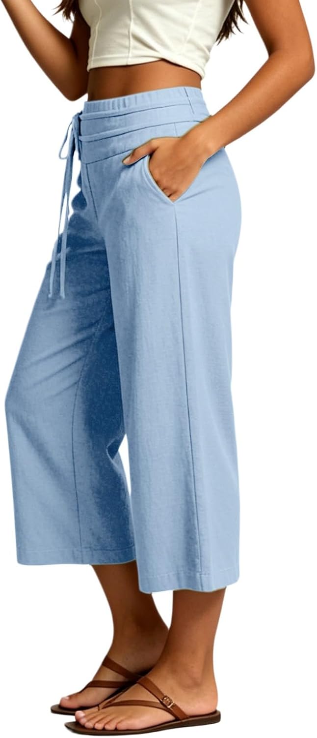 High Waist Wide Leg Linen Palazzo Trousers, Pocketed Loose Pants for Womens Summer Beach Vacation Outfits