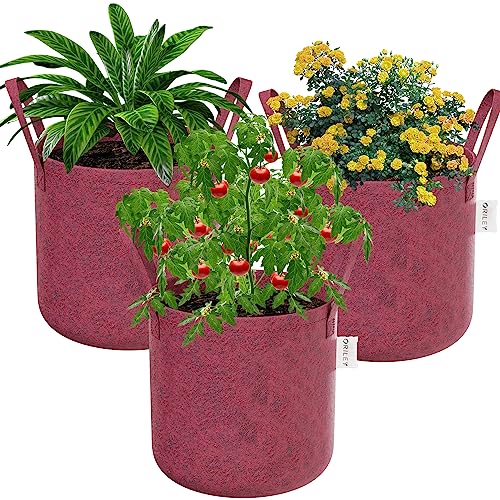 ORILEY Grow Bag Heavy Duty Geo Fabric Plant Pot with Sturdy Handles Lightweight Bags Ideal for Gardening Balcony Terrace (Red, Round, 300 GSM 18 x 18 inch Pack of 3)