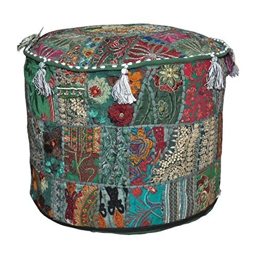 Indian Ottoman Patchwork Pouf Cover, Handmade traditional Pouf Cover Embroidery Work Foot-Stool