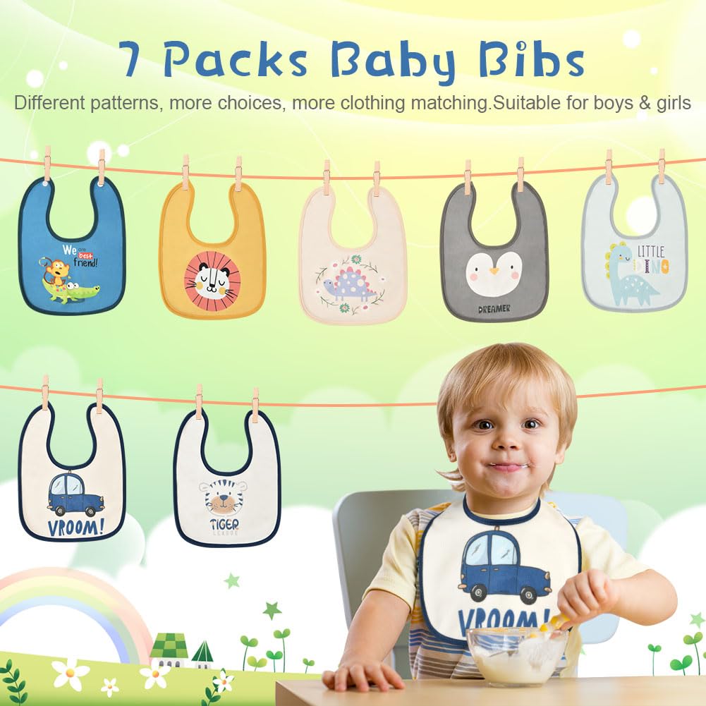 Bavaglini Neonato 7 Pezzi Impermeabili Cotone Unisex con Bottoni Regolabili per Ruttino Giocare Mangiare 0-3 Anni