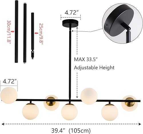 Miniatura 3 de HuisMier Lámpara colgante Sputnik moderna de 7 luces de mediados de siglo, negro y latón, lámpara colgante lineal, lámpara de globo de vidrio blanco
