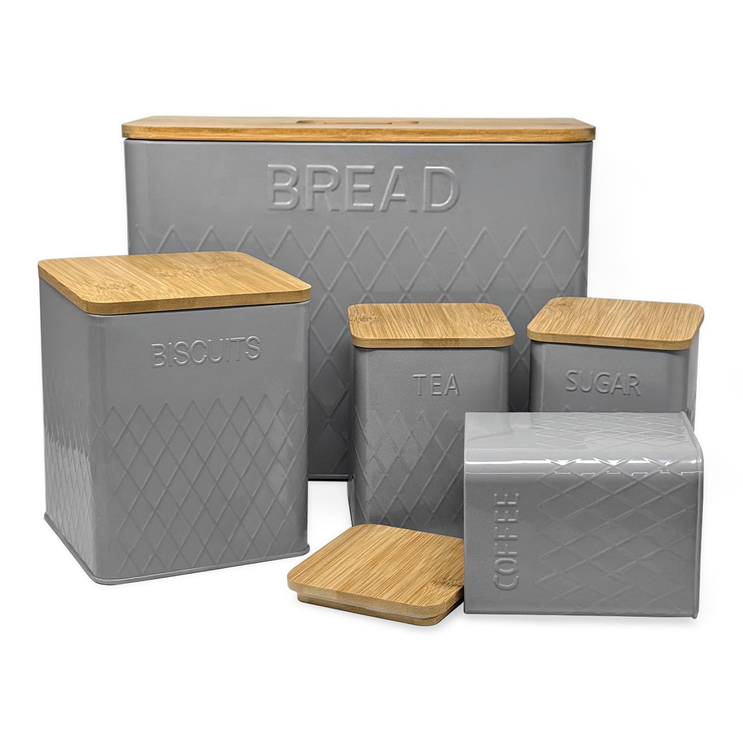 Kitchen Canisters Tea Coffee Sugar Biscuits Bread | Grey Bread Bin with Bamboo Lids | Canisters Sets for The Kitchen Airtight | Tea Coffee Sugar Bread Bin Sets (5 Pieces)