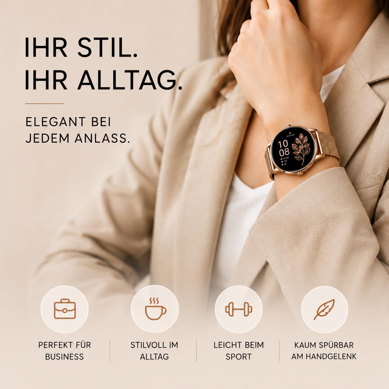 XCOAST SIONA 2 Damen Smartwatch Roségold 1,3" AMOLED Fitnessuhr Herzfrequenz Blutdruck SPO₂ IP68 wasserdicht 7 Tage Akku Android iOS