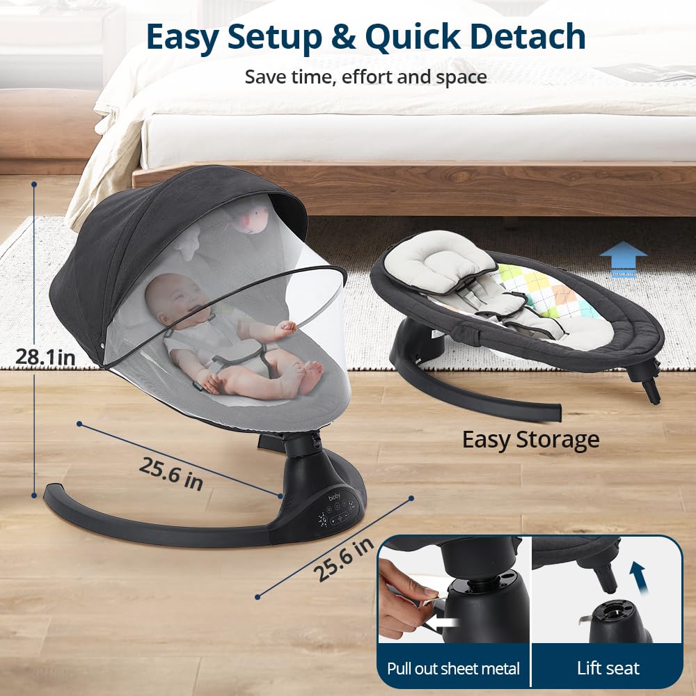 Bioby Hamaca Bebe Electrica, Mecedora Bebe con Arnés de 5 Puntos, 5 Amplitudes de Balanceo, con Bluetooth, Mando a Distancia, Columpio Bebe Balancin Ligero para Bebés de 2 a 9 kg, 0-10 Meses (Negro)