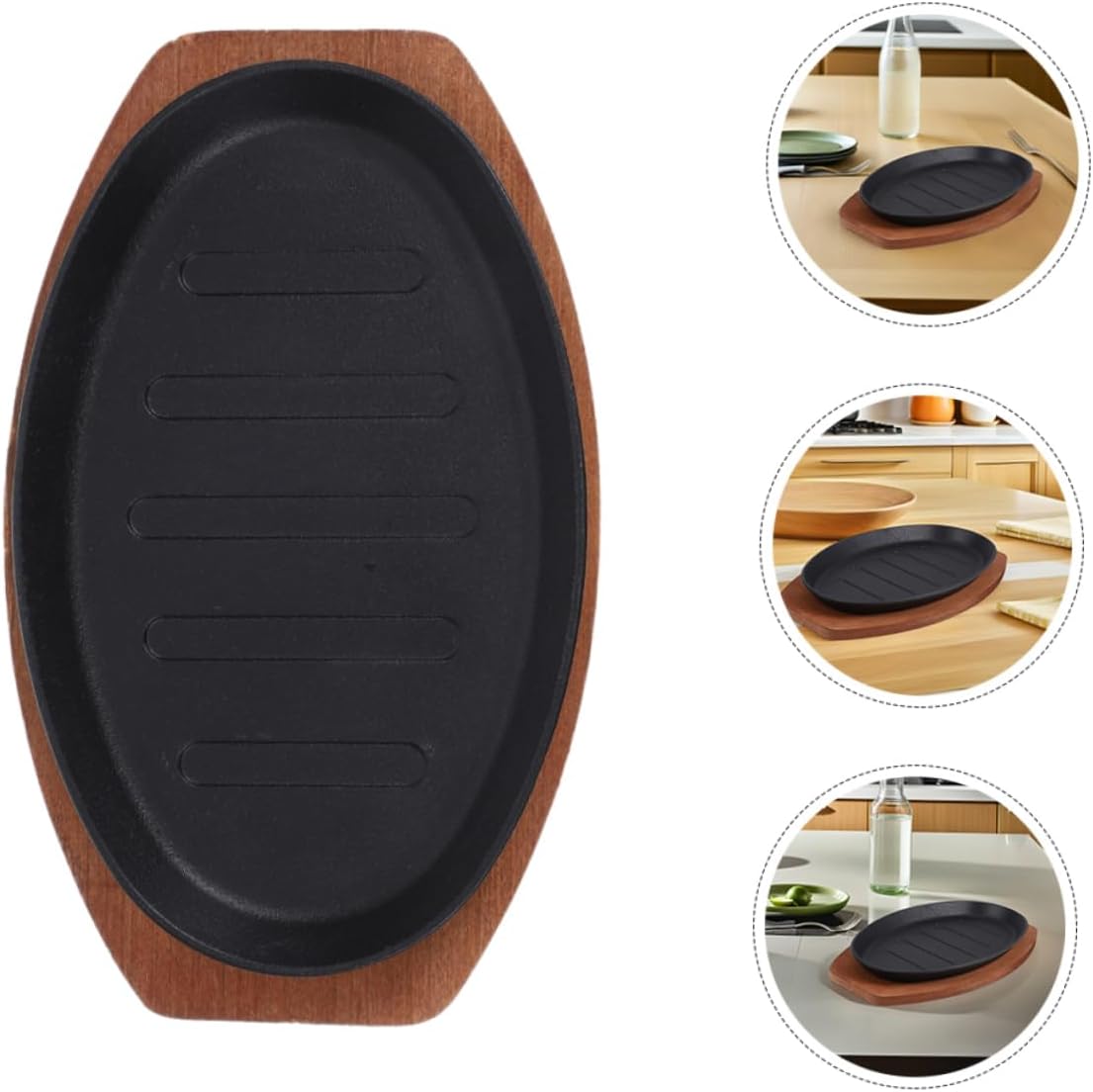 VICASKY Cast Iron Griddle Plate with Lid Nonstick Teppanyaki Skillet for Steak Cooking 12 Inch BBQ Tray for Western Cuisine with Wooden Base