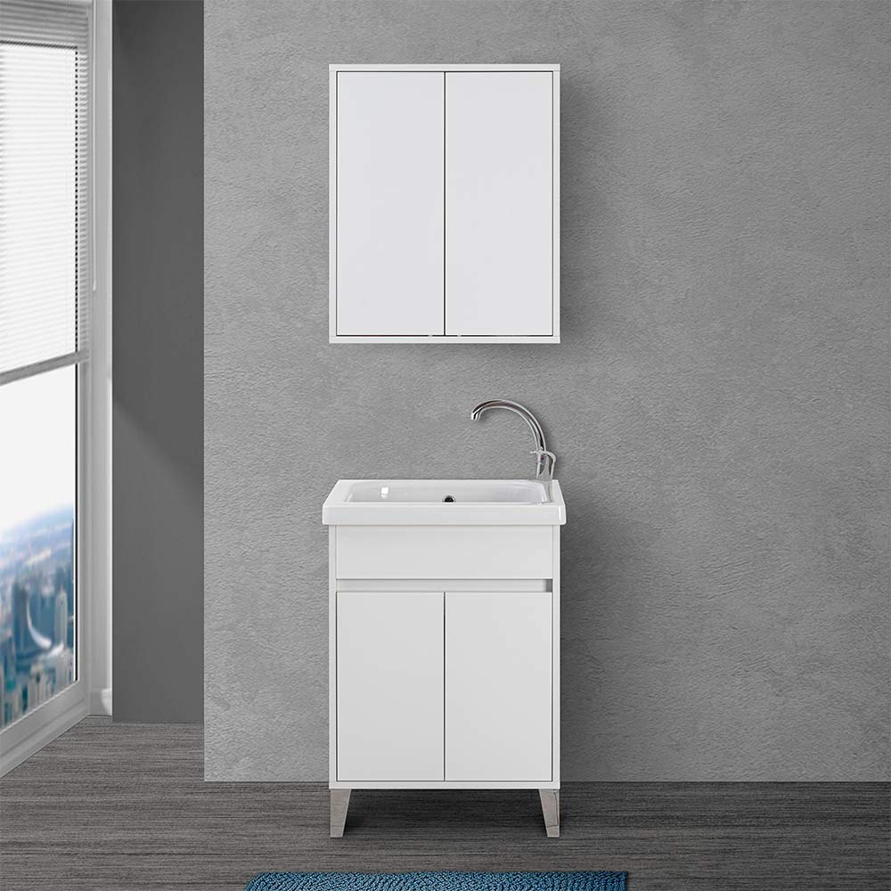 Inbagno Mobile lavatoio per Lavanderia con Vasca in Ceramica, L.61xP.51xH.87,5 cm, Linea Way in Diverse colorazioni, Vasca con strofinatoio Integrato (Bianco Lucido)