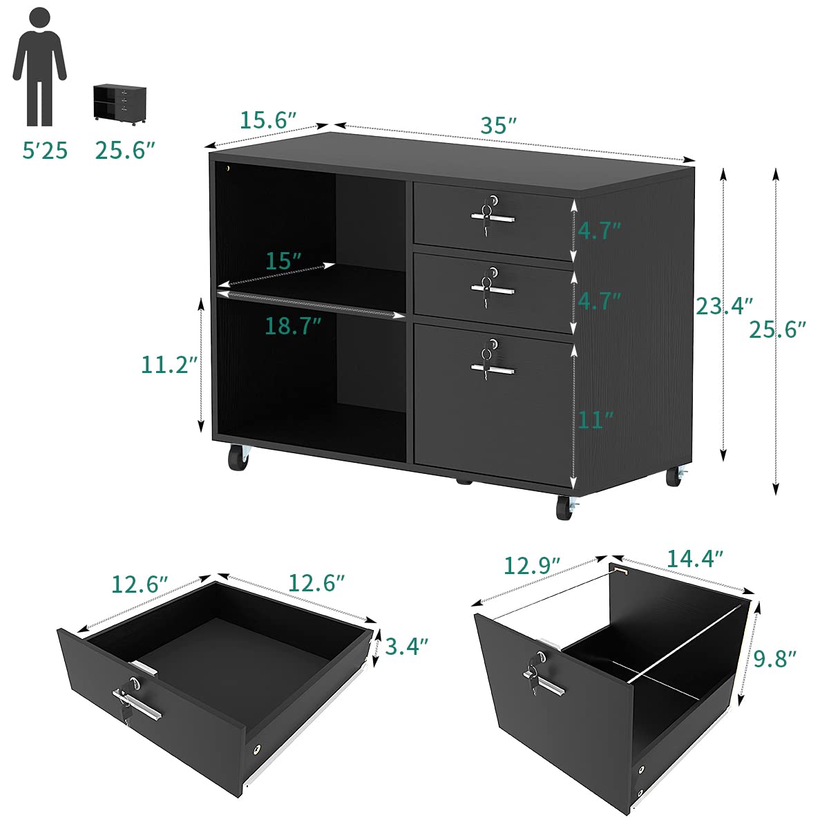 YITAHOME Drewniana szafka na dokumenty, 35 cm, 15,6 cm, 65 cm (LWH) (koła w zestawie)