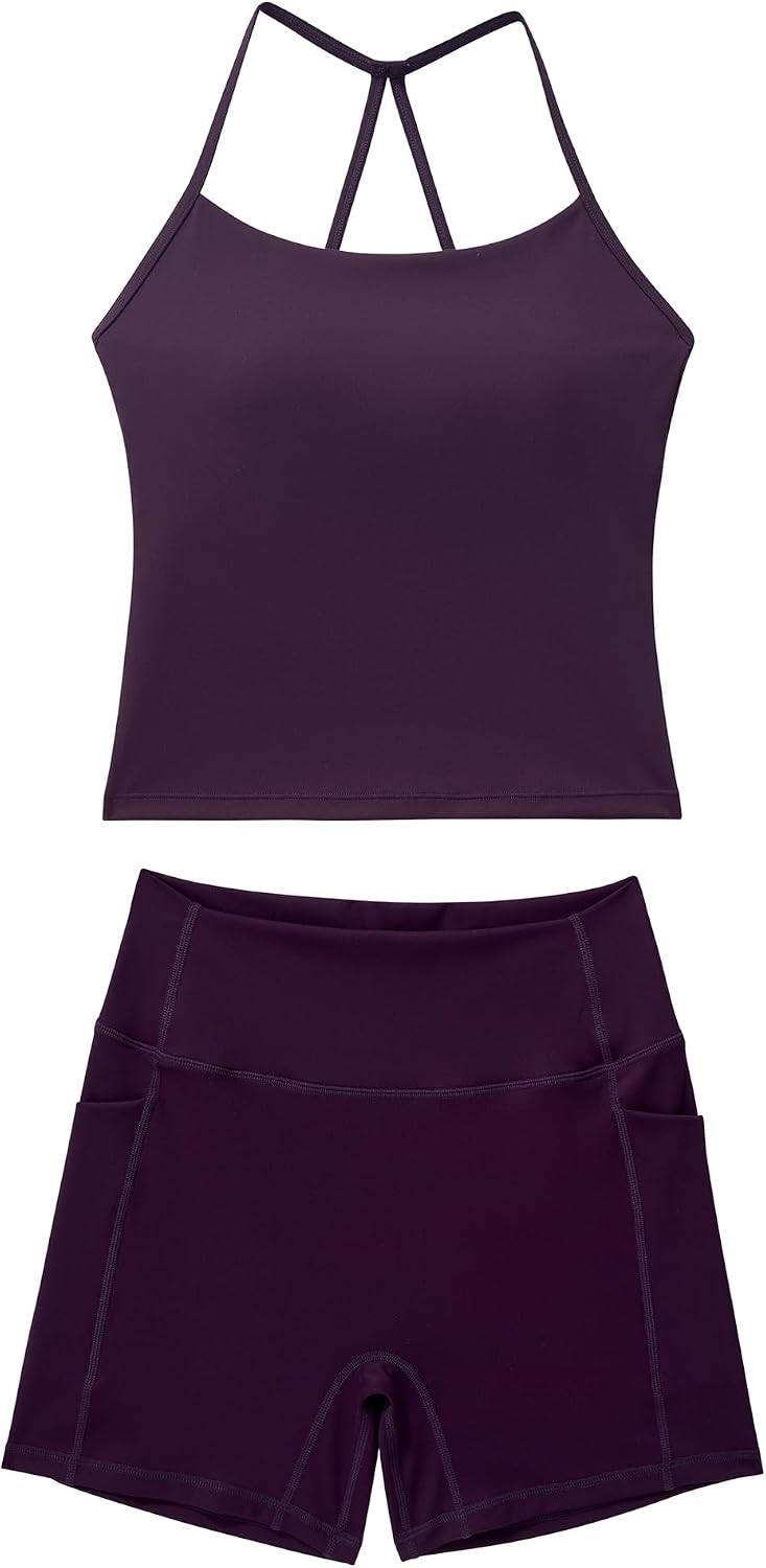 OMKAGI Women 2 Piece Workout Sets Padded Workout Tops Booty Shorts Pockets