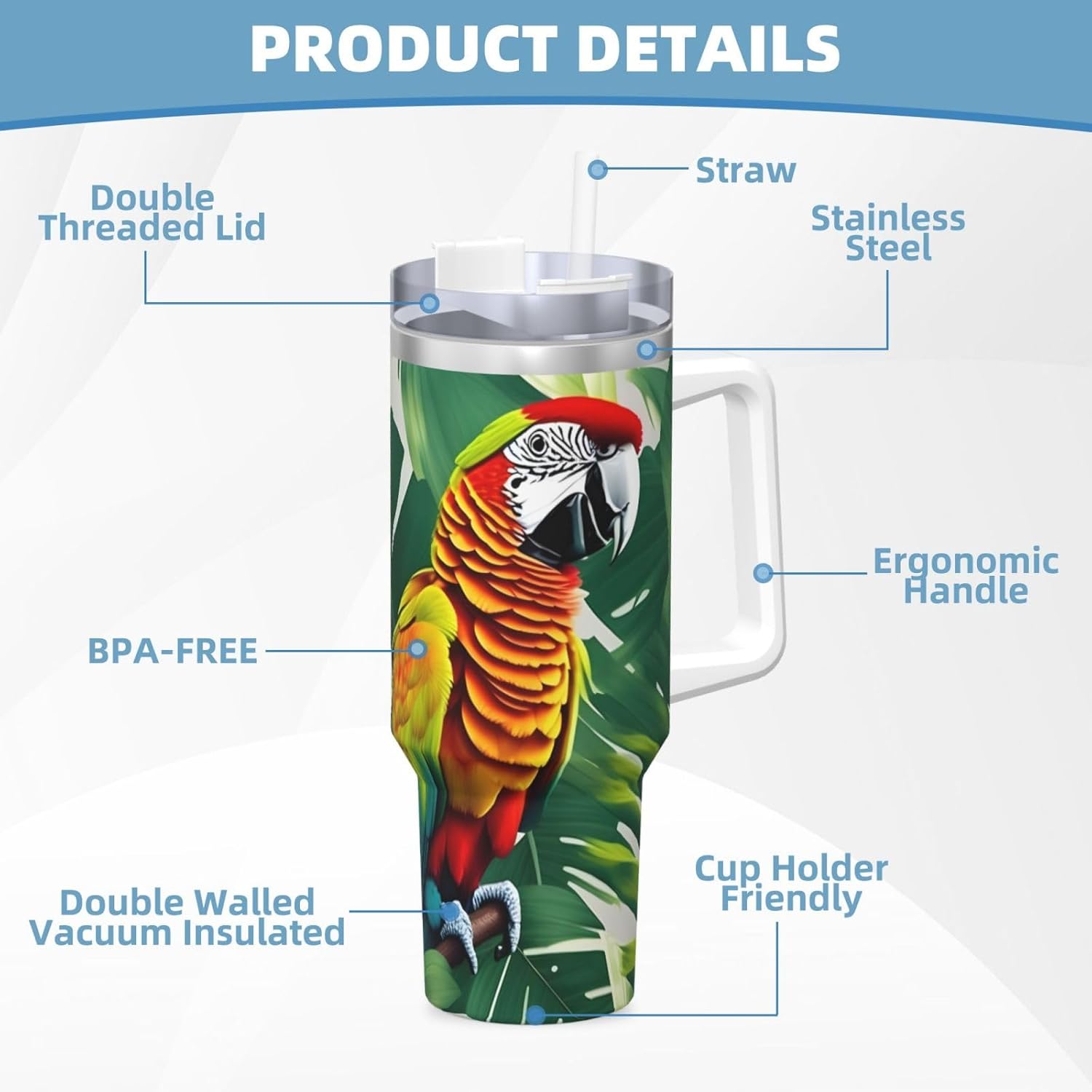 40 OZ Tropical Flower Leaf Parrot Print Ice Bully Cup with Handle Straw Lid Straw,Stainless Steel Tumbler Coffee Cup