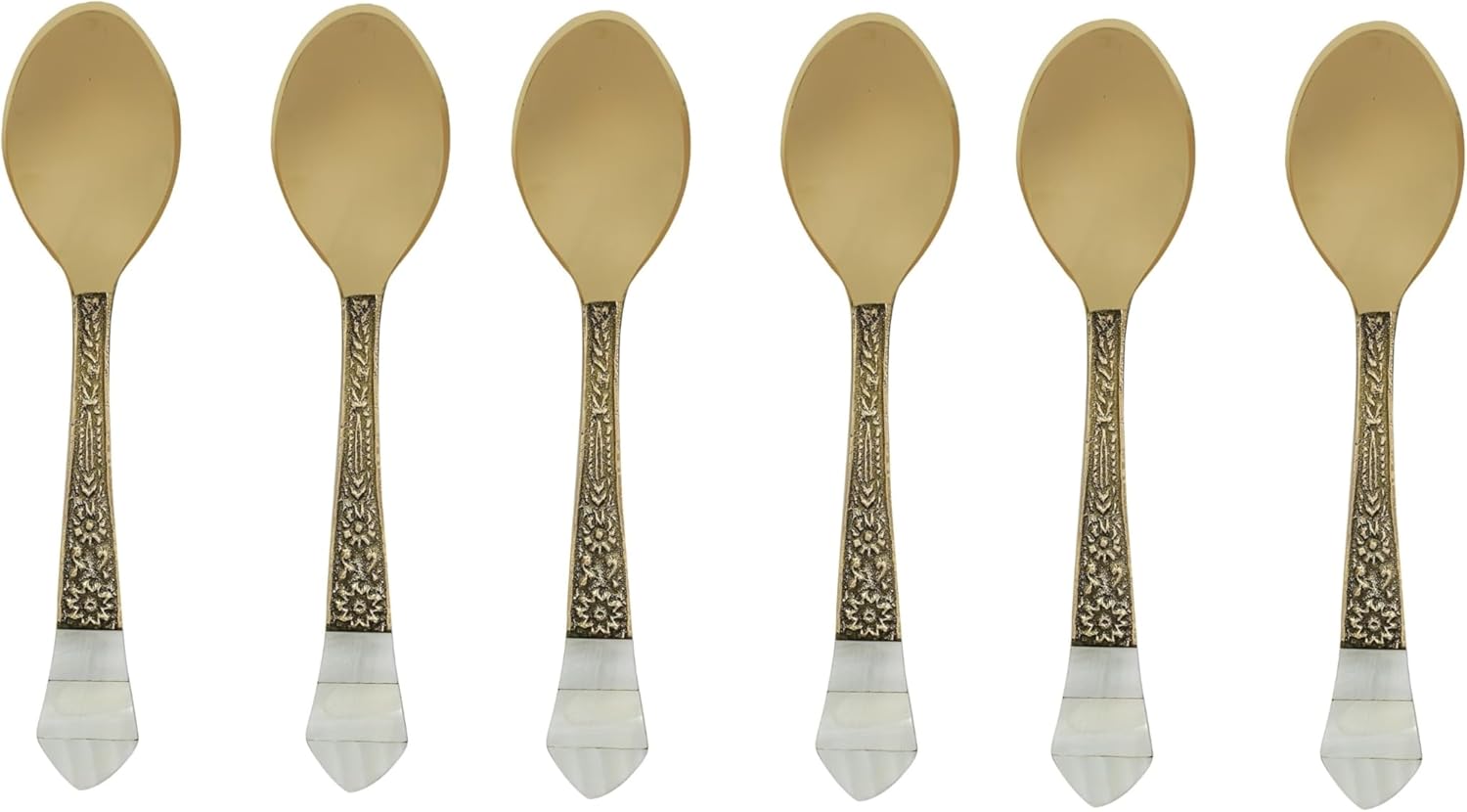 Luxury Teaspoons Antique Brass and Mother of Pearl Inlaid Spoon Set of 6, Small Mixing Sugar Dessert Spoons Brass Tableware