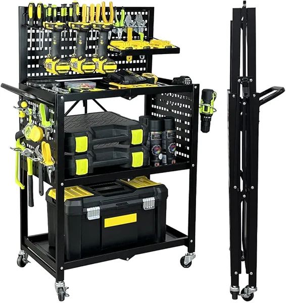 Lumizone Rolling Tool Cart with Wheels and Pegboard Hooks Folding Utility Service Cart for Garage Organizer Storage Foldable Power Tool Organization on Wheels Heavy Duty Frame (Tool Cart+Hooks)