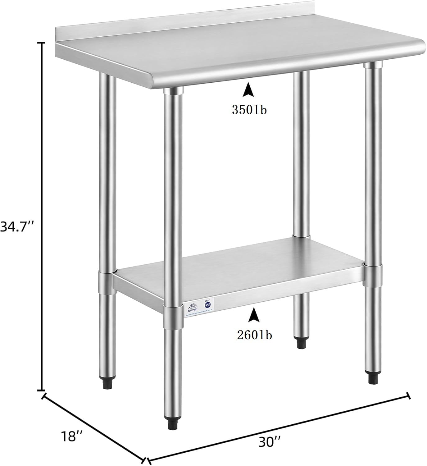 ROCKPOINT Mesa de acero inoxidable para preparación y trabajo con protector contra salpicaduras de 18 x 30 pulgadas, mesa de cocina comercial de metal NSF resistente con estante inferior ajustable y