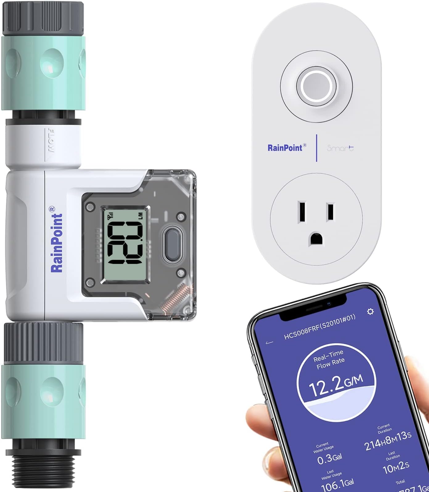 RAINPOINT WiFi Water Flow Meter with Wireless Gateway, Smart Water Meter for Garden Hose, Flow Meter GPM Water Usage RV Pool Filling, Outdoor Irrigation Watering, Fits for Any Hoses, Faucets, Nozzles