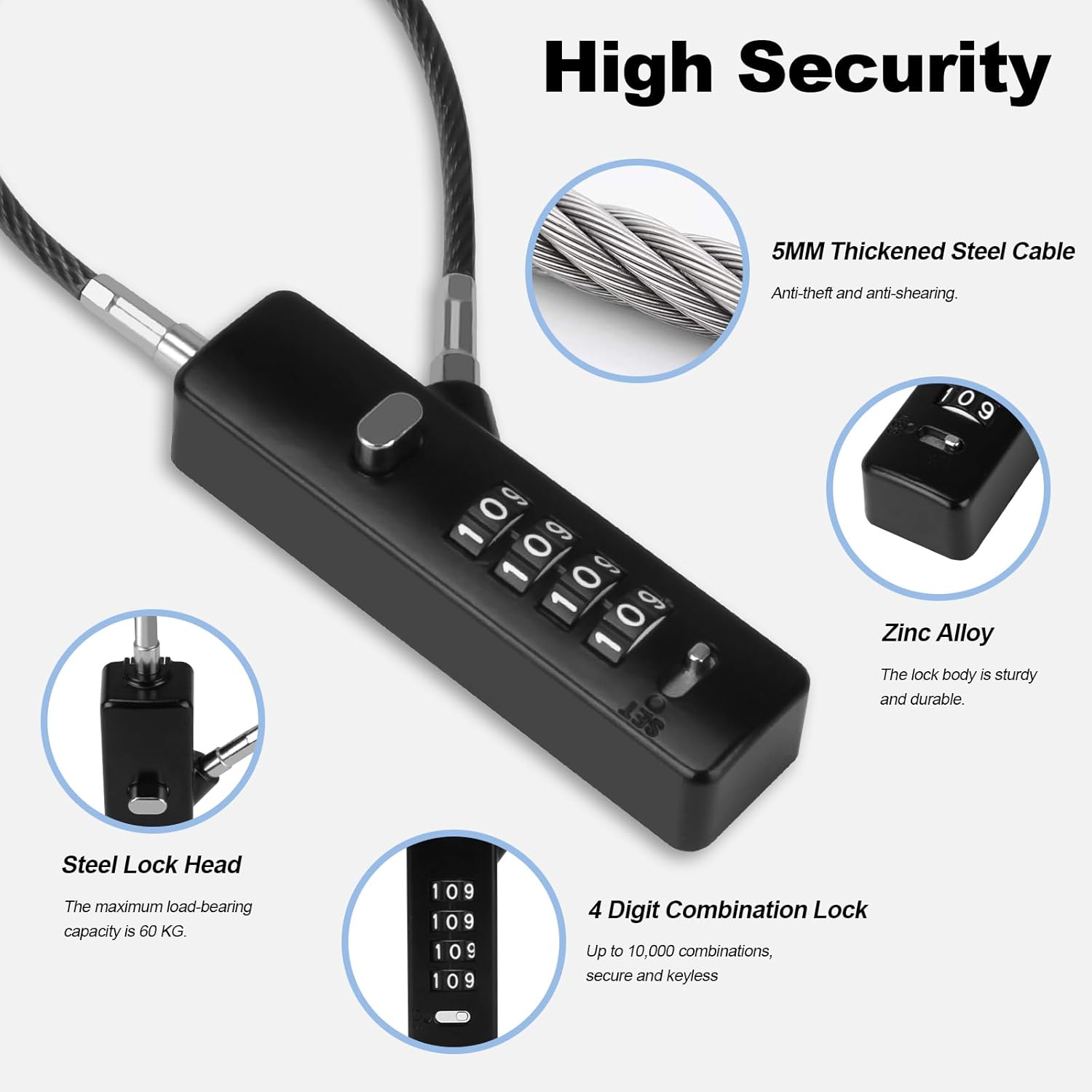 Versatile Cable Lock – 4-Digit Combination Lock with 3 Interchangeable Steel Braided Ropes (9” / 23.6” / 47.2”) – Ideal for Bikes, Scooters, Snowboards, Cabinets, and Gates (Black)