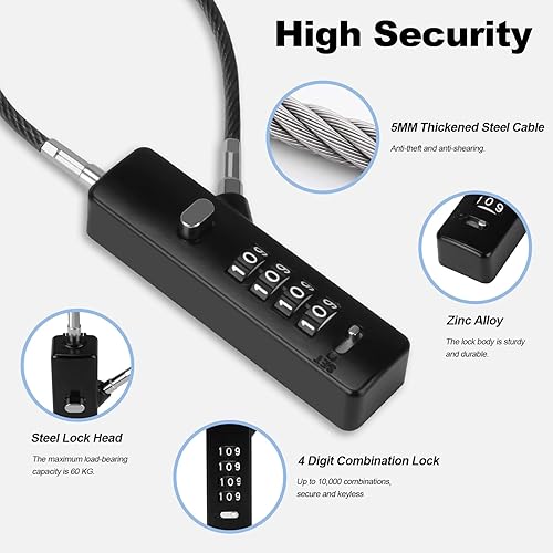 Miniatura 3 de Candado de cable versátil, cerradura de combinación de 4 dígitos con 3 cuerdas trenzadas de acero intercambiables (9 pulgadas23.6 pulgadas47.2