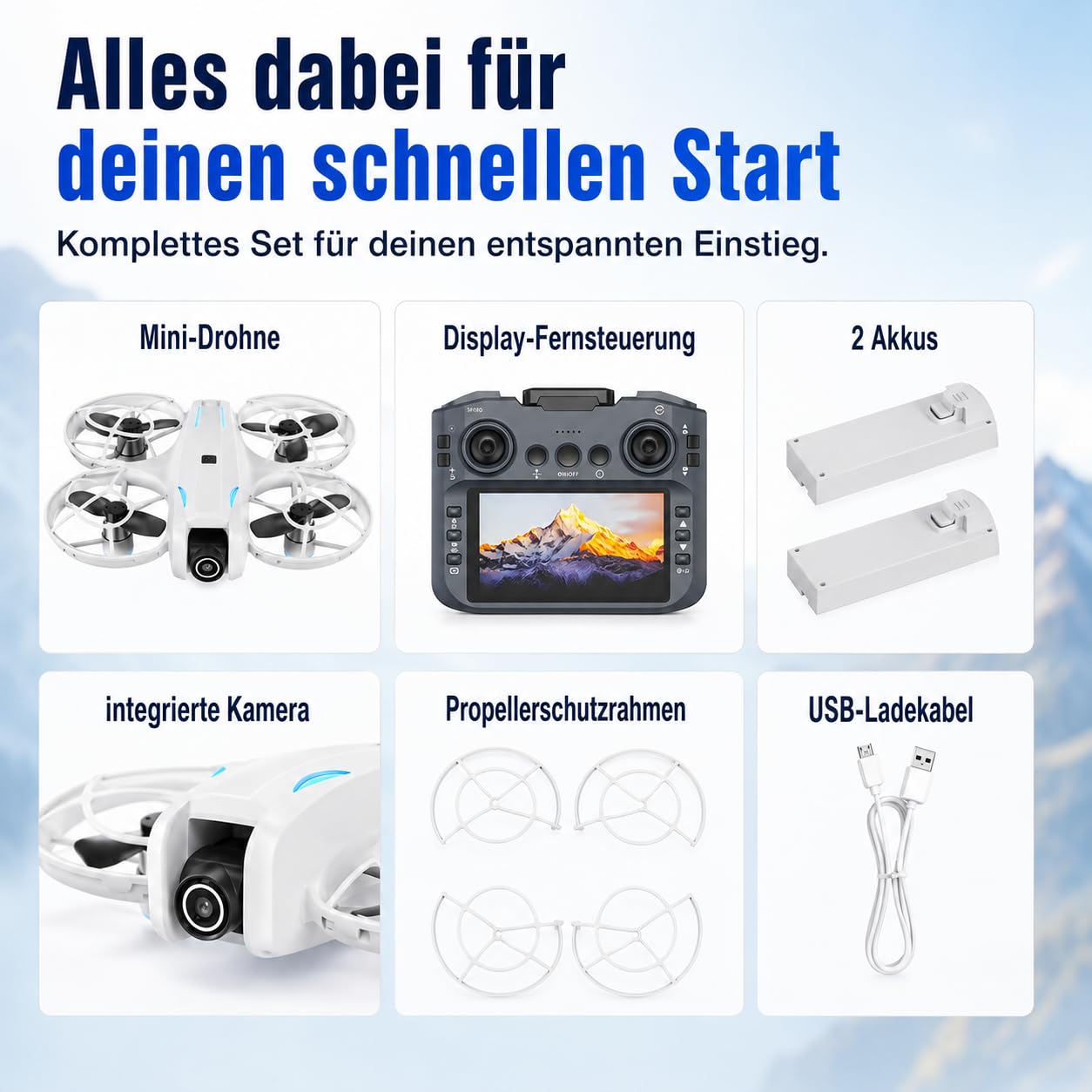 Mini Drohne mit 1080p HD Kamera & WiFi FPV, 5,6" Display Fernsteuerung, Optical Flow Stabilisierung, Auto Return, Bürstenloser Motor, 2 Akkus, 100 m Reichweite, Indoor & Outdoor