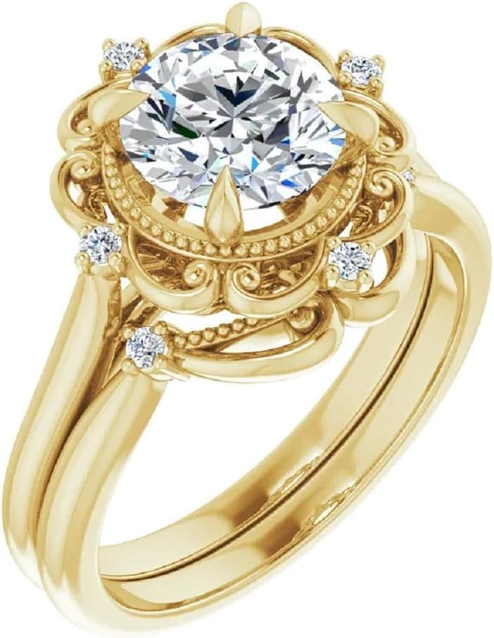 1CT-4CT Antique Halo Engagement Ring for Women Design Wedding Bridal Ring Set Christmas Gifts 925 Silver/Solid Gold Moissanite (Ring Set, Main Stone : 2.5 CT, Yellow, Round Cut)