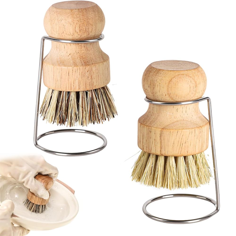 Bamboo Palm Brush, 2 PCS Bamboo Dish Pot Pan Brushes Set, Palm Dish Brush Scrub Brush with 2 Drain Racks for Fish Pots Pans Kitchen Sink Cleaning