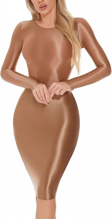 Oyolan Women Oil-Shiny Bodycon Dress Long Sleeve Shiny Tight Pencil Dresses Clubwear