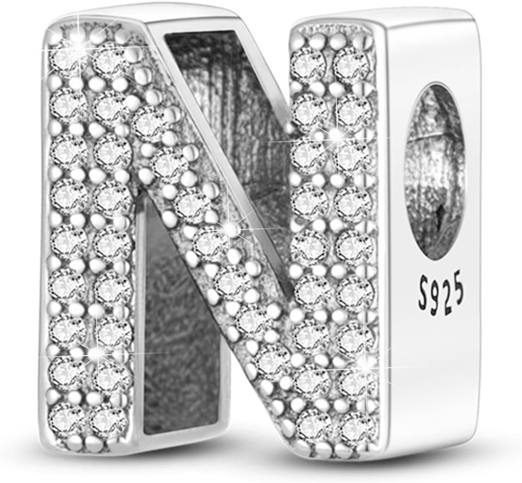 PARCOM Letter Charms Fits Pandora Bracelets S925 Sterling Silver Initial Charms for Bracelets Alphabet A-Z Letters Bead Bracelets Necklace Pendent with Cubic Zirconia for Women Birthday Ceremony DIY Jewelry