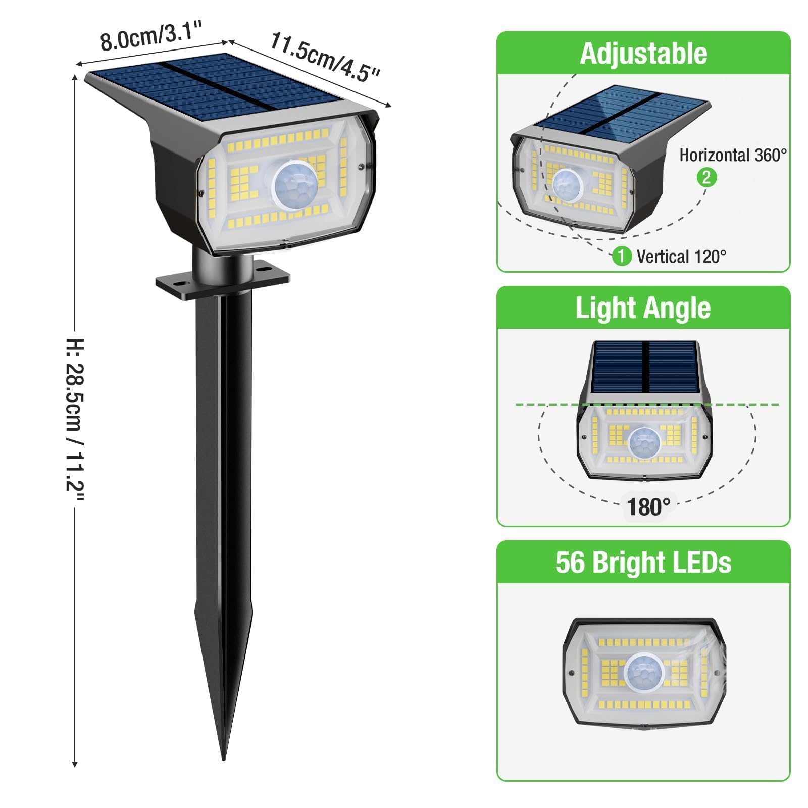 Lampe Solaire Exterieur Detecteur de Mouvement Lot de 4 - Spot Solaire Extérieur Puissant 56 LED/3 Modes Étanche Réglable pour Jardin Chemins Blanc Froid