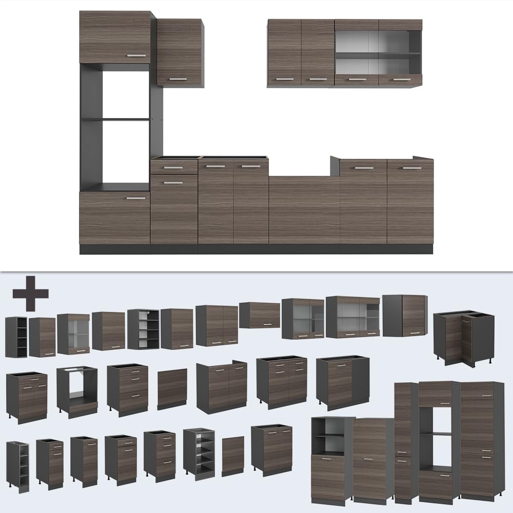 Vicco Cucina componibile R-Line, Grigio nobile, 300 cm con armadio alto, PL Antracite, adatto per combinazioni ed espansioni personalizzate