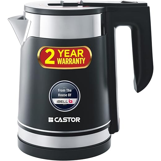 iBELL Castor Ek017L Premium Electric Kettle, 1.7 Litre, Stainless Steel With Plastic Insulation,1500W Auto Cut-Off, Silver With Black, 1.7 Liter, 1500 Watt