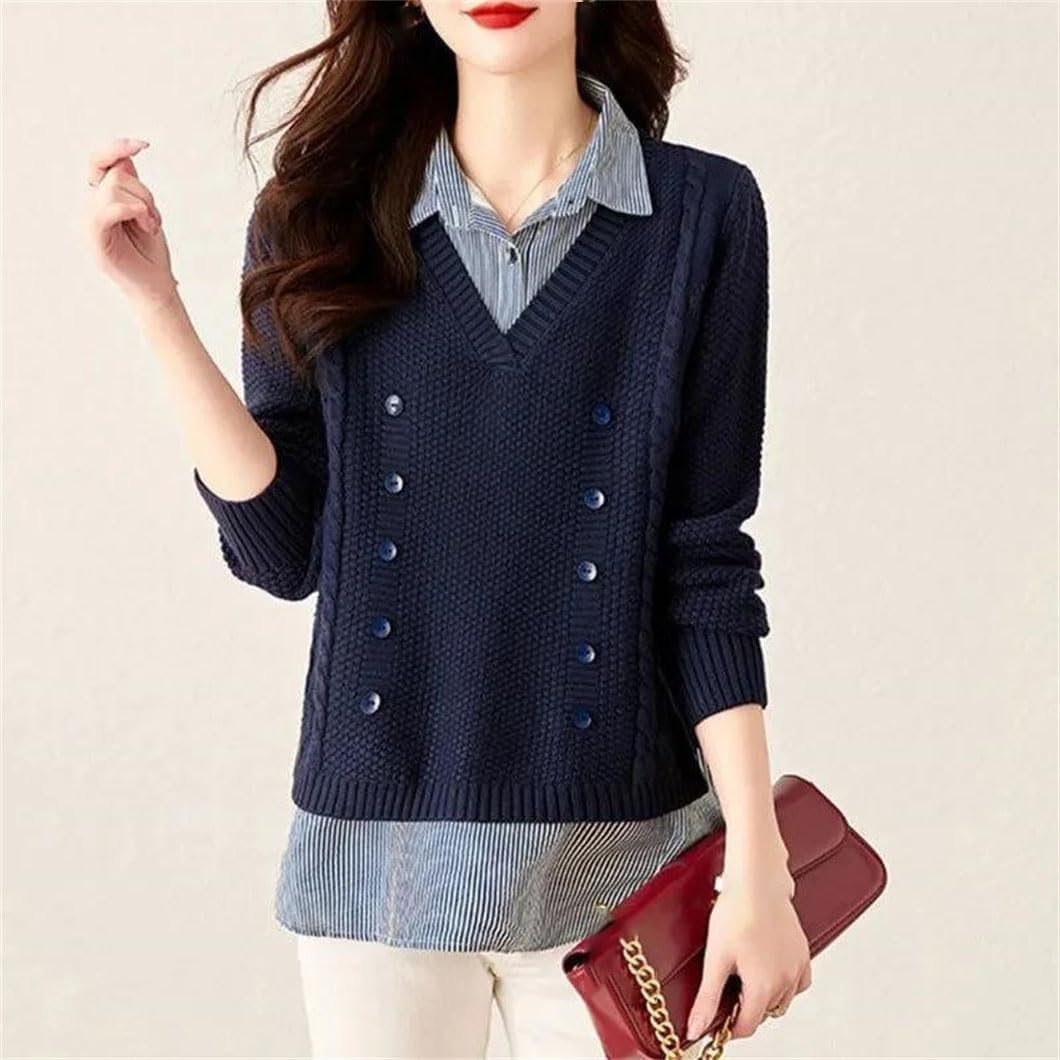 Korean Style Fake Two Piece Knitted Sweater for Women, Splice Shirt Collar Long Sleeve Top