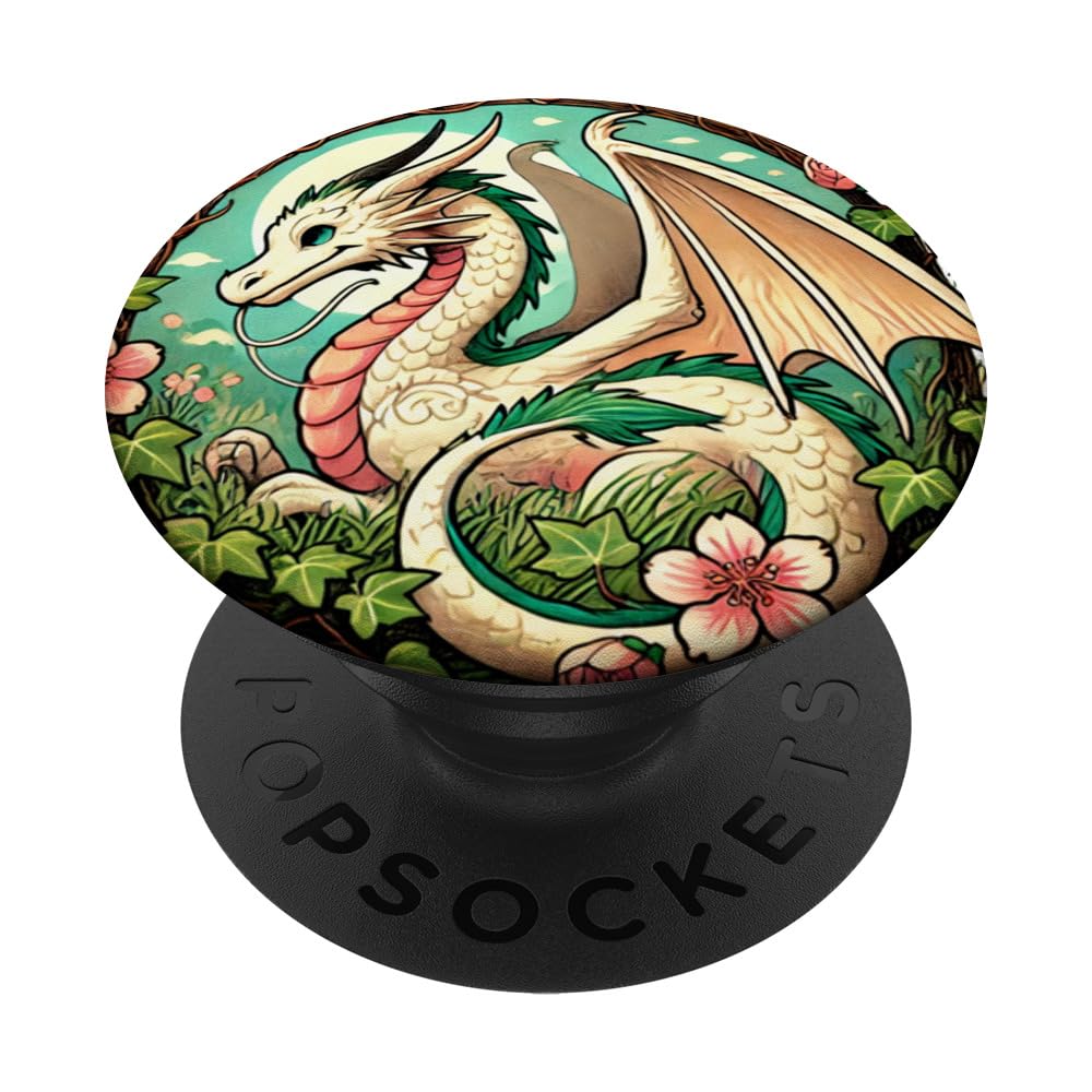 Dragon Cherry Blossoms Dragons pink cherry blossom PopSockets Swappable PopGrip, Black