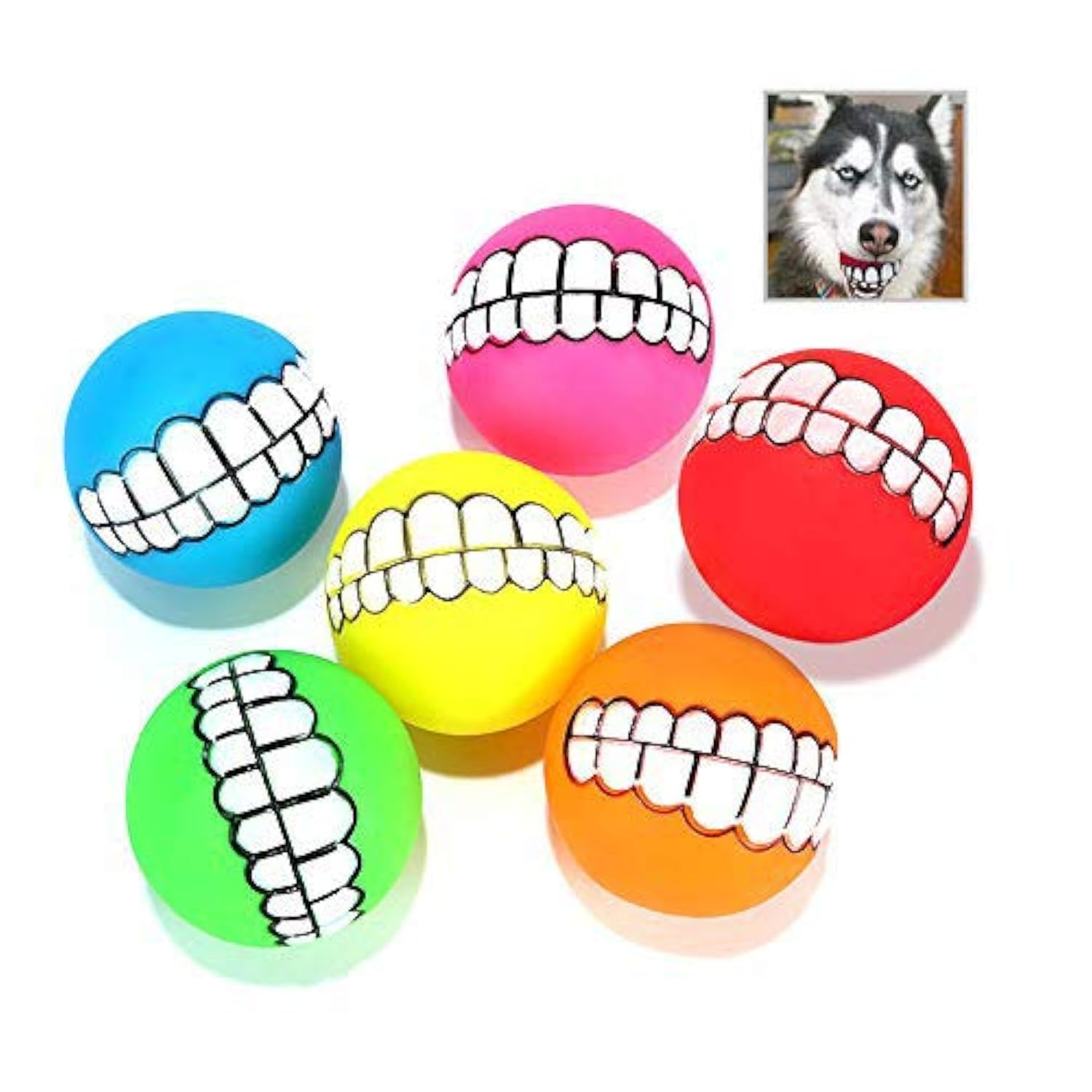 Funny Dog Teeth,6 Pack Funny with Teeth Pattern Squeaky Sound Chew Toy Smile Dog Ball for Small Cats/Dogs/Interactive Pet(Random Color)