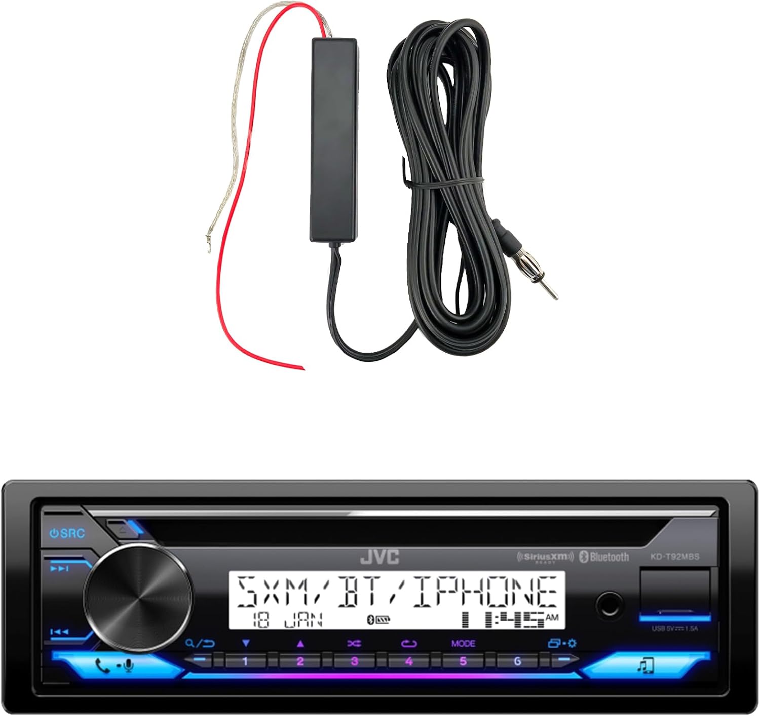 JVC KD-T92MBS Single DIN Marine Motorsports Bluetooth USB/AUX CD Player AM/FM Radio Stereo Receiver, 12V Stereo Radio Antenna Black Signal Reception Amplifier Booster Kit