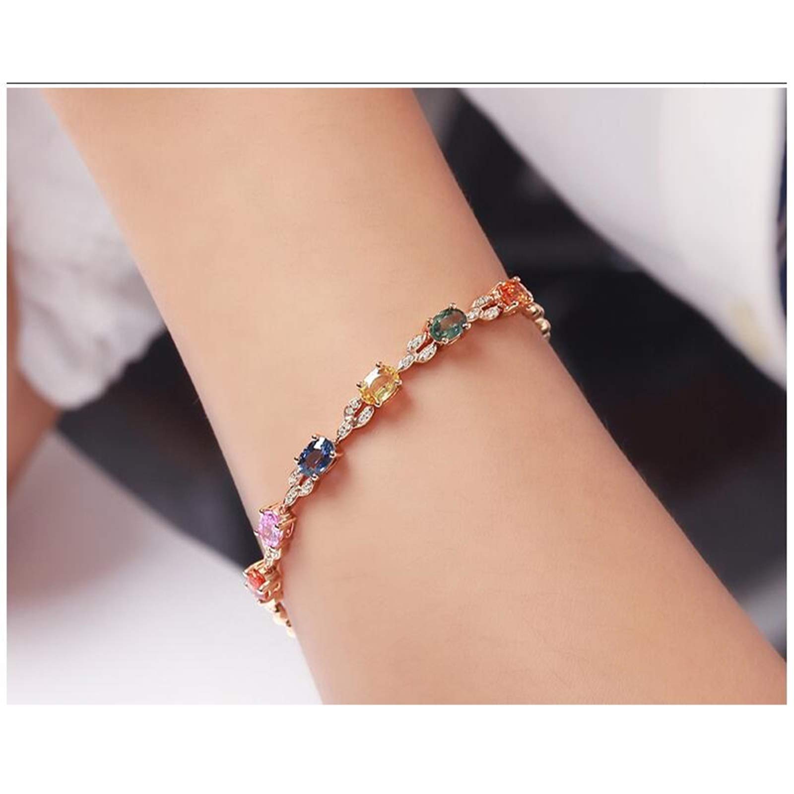 ZH1YFD Pulseras para Mujer Oro Rosa de 18 Quilates, Eslabón de Barra con Zafiro Multicolor Pulsera de Cadena de 3,6 Quilates Mujer 16+3CM