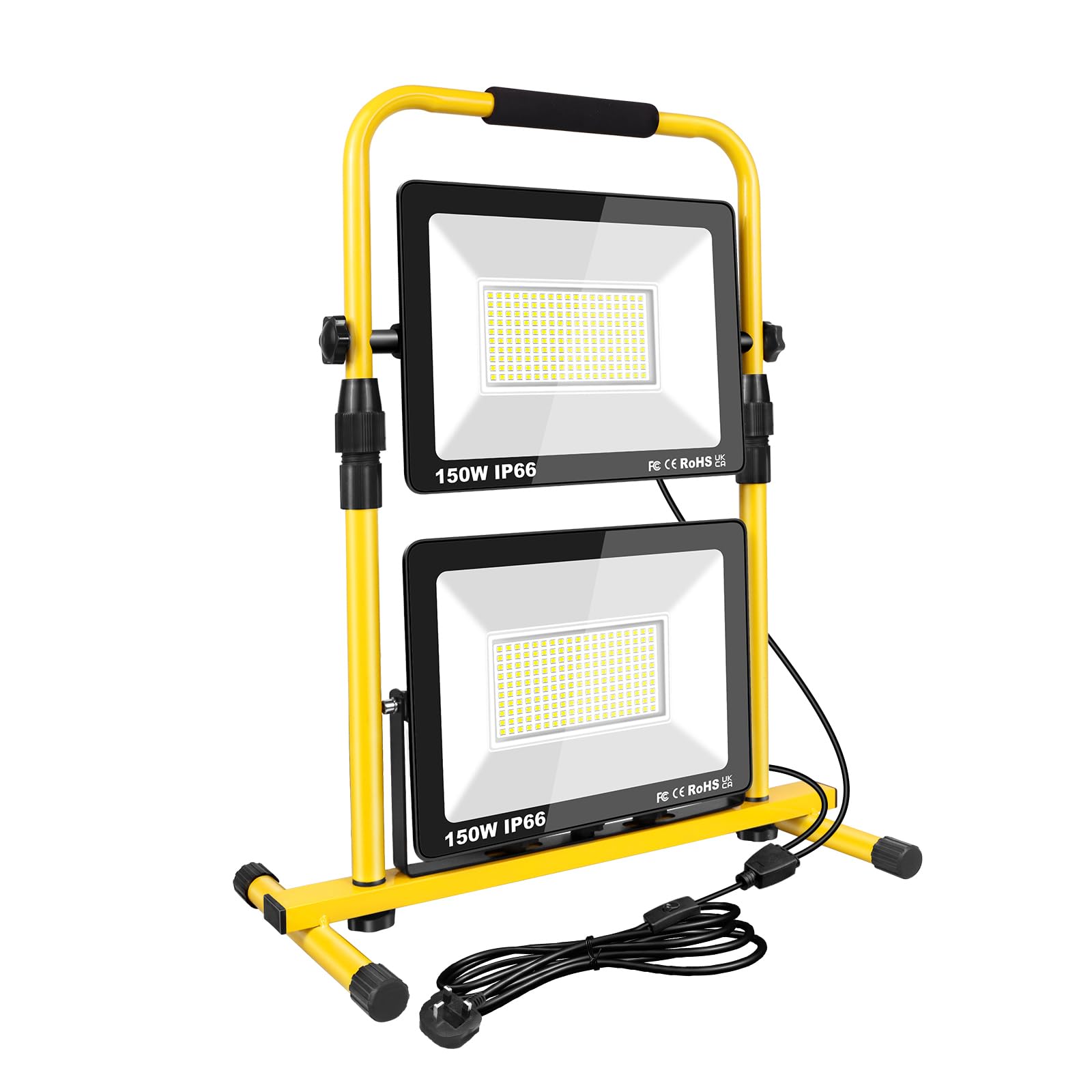 PICAA 300W LED Baustrahler 30000LM IP66 Wasserdicht, Tragbarer LED Flutlichtstrahler mit Robustem Metall H Teleskopstativ für Bau, Werkstatt, Garage, Keller 6000K mit Schalter&EU-Stecker