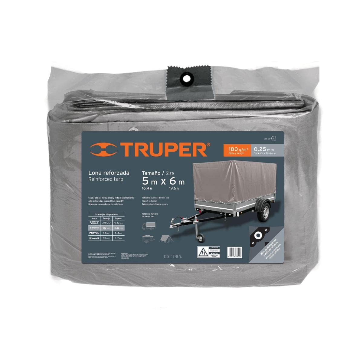 TRUPER LT-45 Reinforced Gray Tarps, 7.5 oz/yd2 13.1x16.4Ft (4x5m)