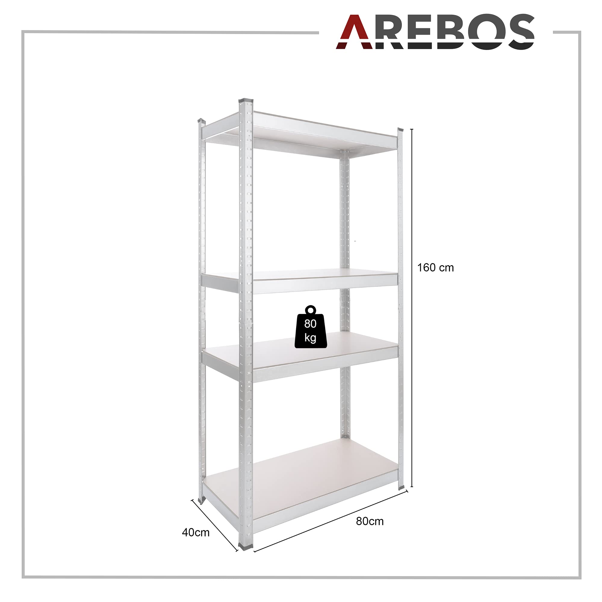 Arebos Schwerlastregal | 160 x 80 x 40 cm | 320 kg Tragkraft | 0,7 mm | 4 MDF-Platten | Einfache Montage durch Stecksystem und ohne Schrauben Steckregal Kelleregal | verzinkt