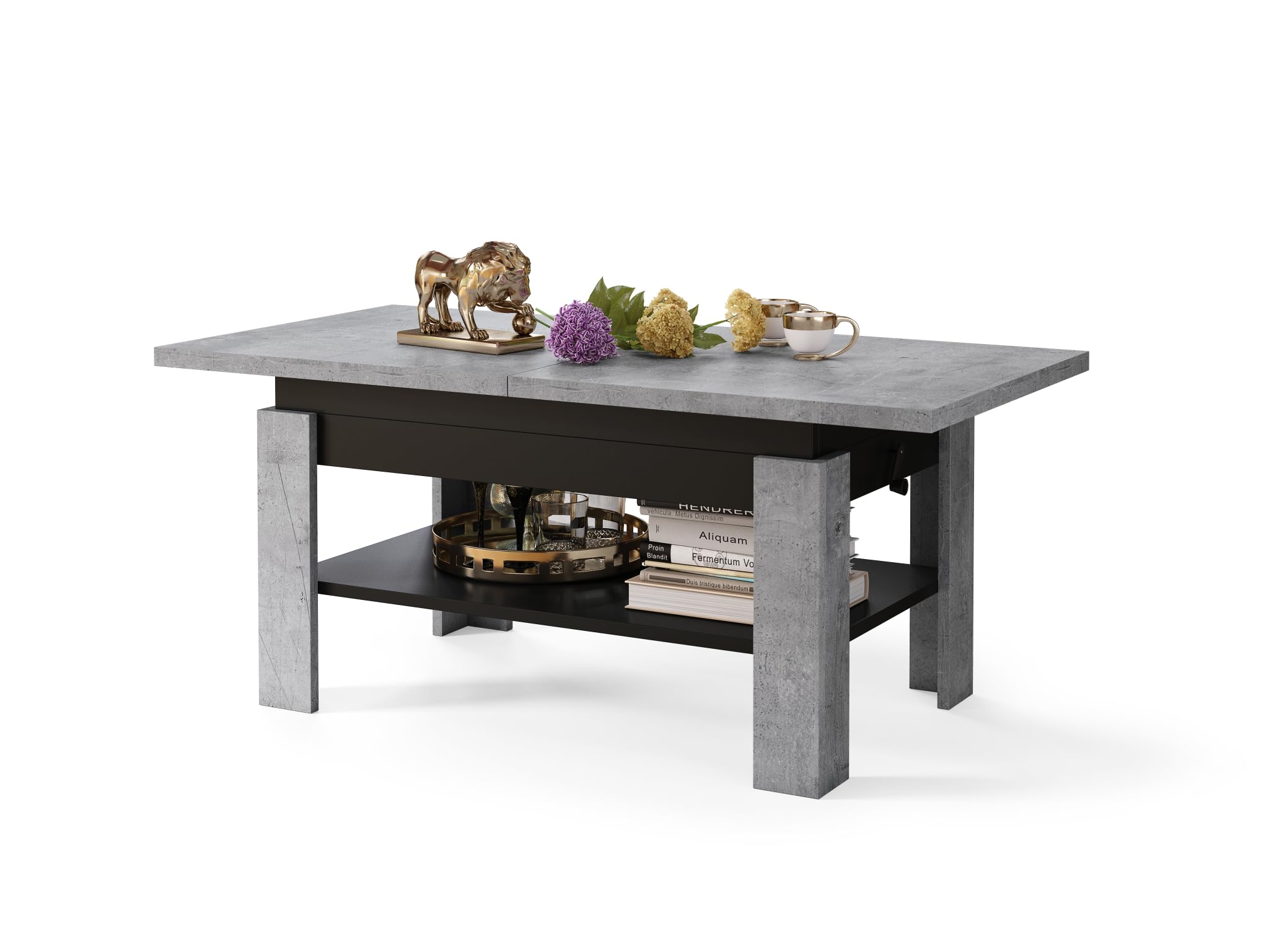 All4All Couchtisch Rino - Kaffeetisch - Wohnzimmertisch mit Ablage - Sofatisch - ausziehbar bis 170cm - höhenverstellbar - 130x65cm - 05 - Beton + Schwarz