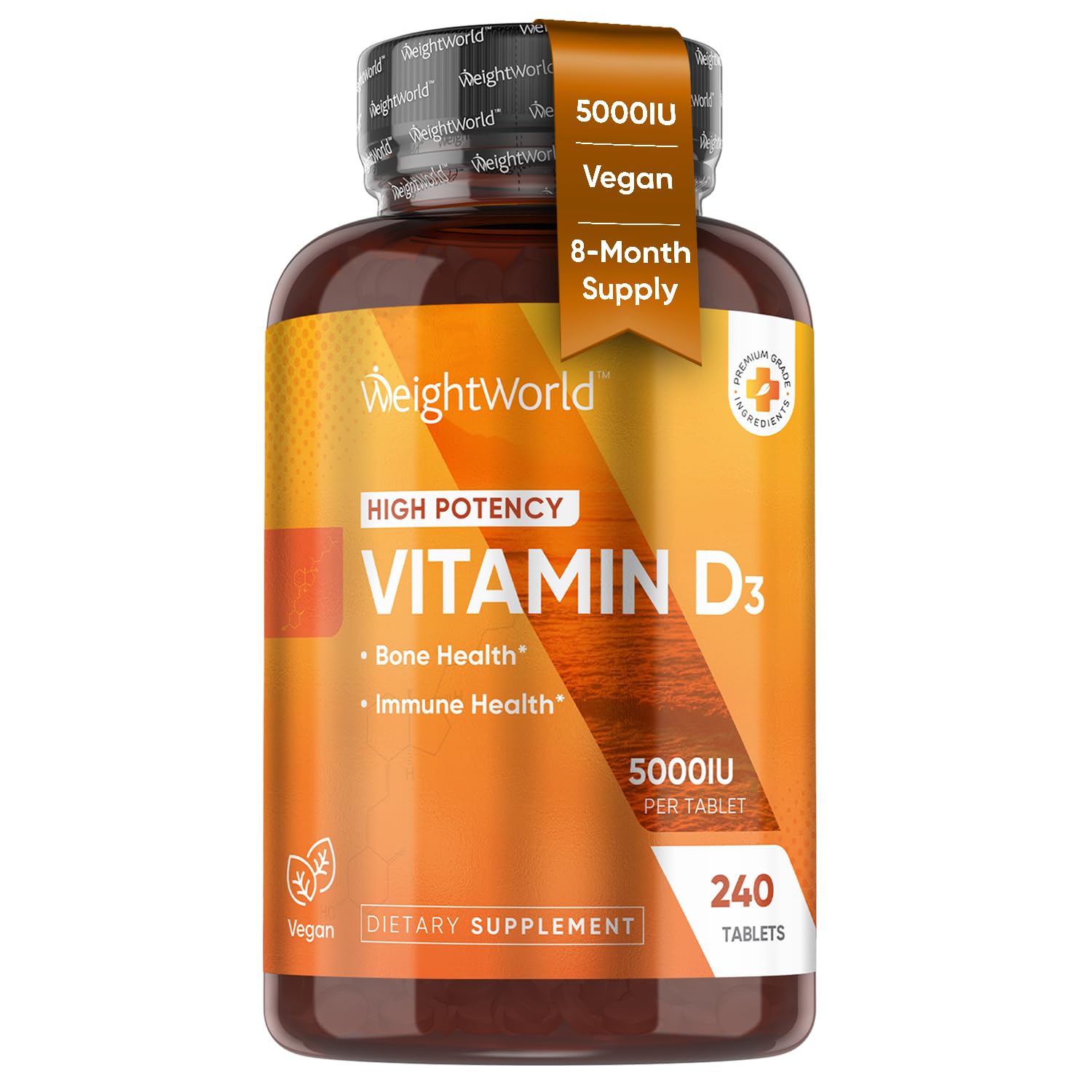 WeightWorld Vegan Vitamin D3 5000 IU Tablets for Bone & Immune Health - 240 Count - D3 Vitamin 125mcg - (8 Months Supply) VIT D Supplement for Women & Men - GMP-Approved - Gluten-Free - Non-GMO