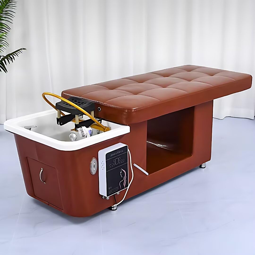 Massage Shampoo Bed-Shampoo Bed Includes Electric Push-Pull Head Spa Equipment Massage Beauty Bed with Brown Luxury Design Includes