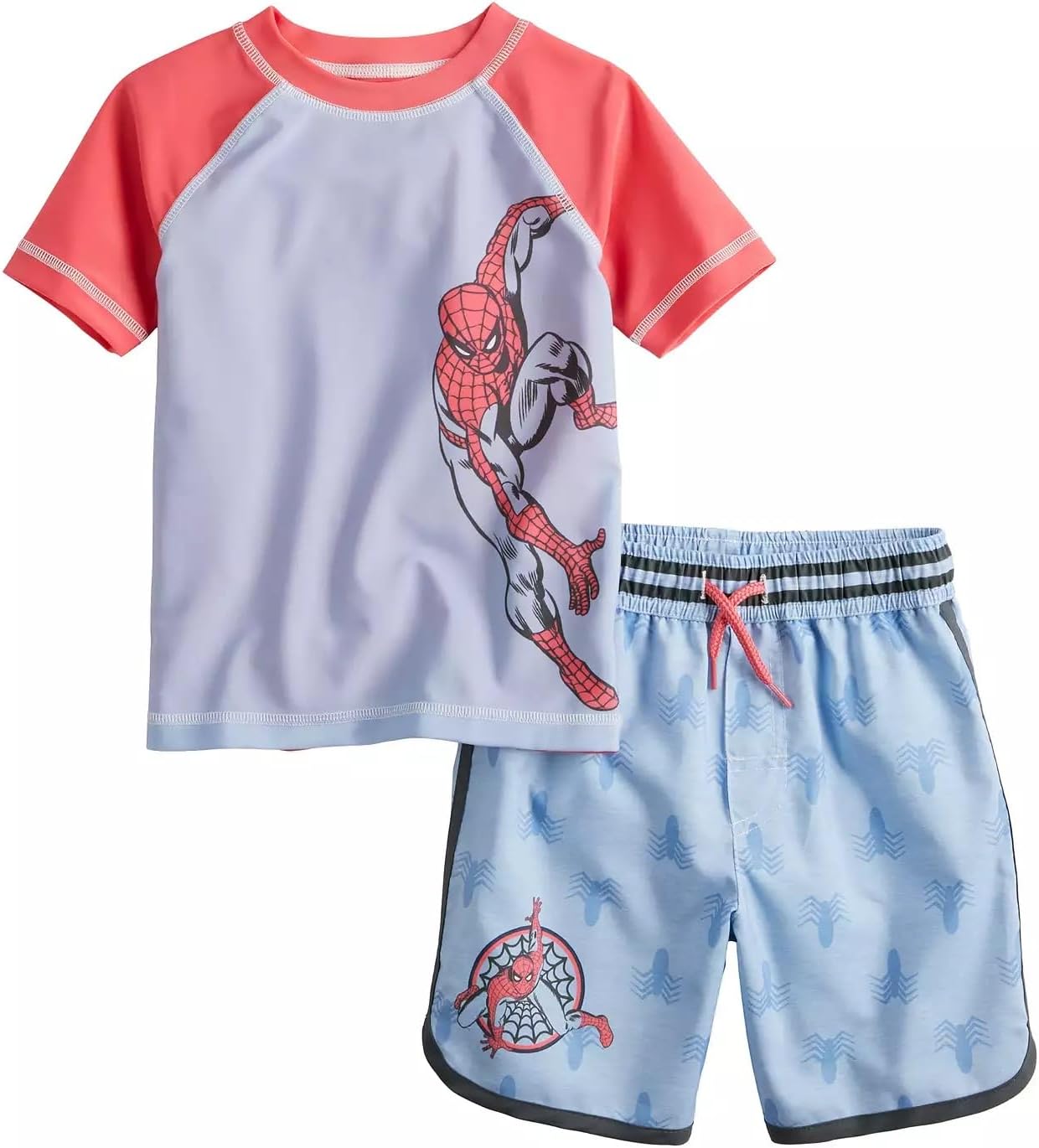 Marvel Spiderman Boys Swim Trunks and Rash Guard Set - Spidey Toddler Boys Swimsuit Swimwear - 3T Light Blue