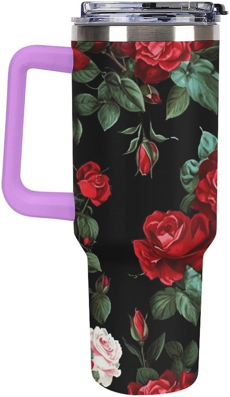 Beautiful Rose Gift Tumbler Stainless Steel Large Car Cup with Handle&Straw Lid Portable Coffee Cup Leak-proof Water Bottle Insulated Vacuum Travel Mug for Home Outdoor 40oz
