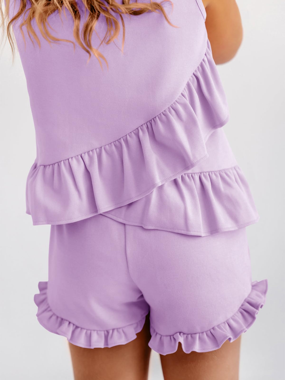 Haloumoning Niñas Conjuntos de ropa de verano con volantes, camisetas sin mangas con pantalones cortos, monocolor, ropa linda, conjuntos de ropa informal, de dos piezas - 3